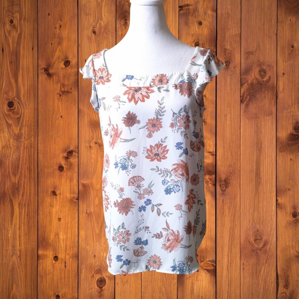Loft Women's Small Sleeveless Floral Ruffle Pullover Blouse Top Boho Lightweight